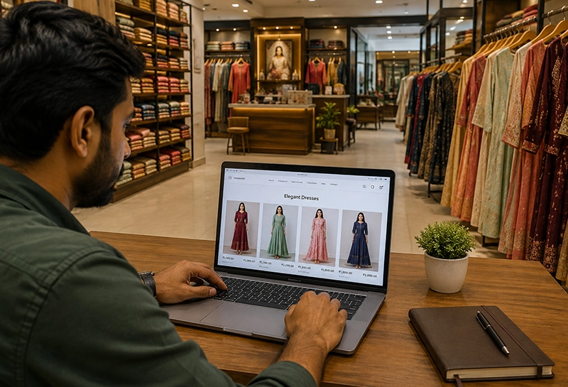 Business owner managing an online clothing store (website) on a laptop inside a dress shop