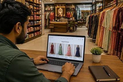 Business owner managing an online clothing store on a laptop inside a dress shop